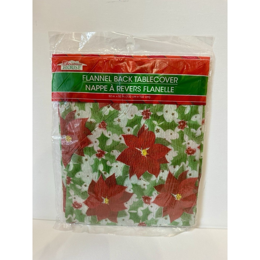 Flannel Back Table Cover Table Cloth Christmas Holiday Poinsettia 52" Square NEW